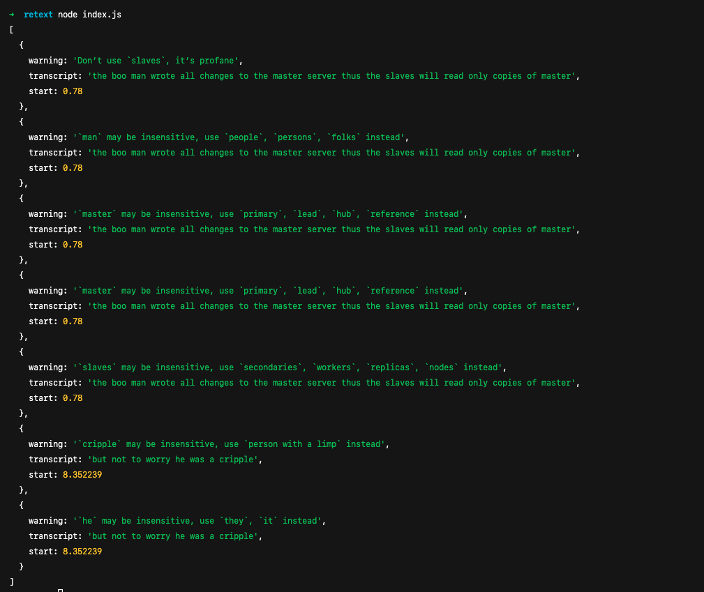 A terminal showing an array of objects. Each object is one suggestion including the original text, a warning, and the utterance start time.