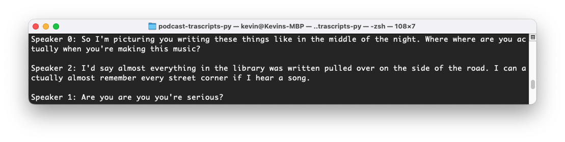 A terminal shows three lines of text which have space between them. Each is started by Speaker One, Two or Three. Then the words they said.