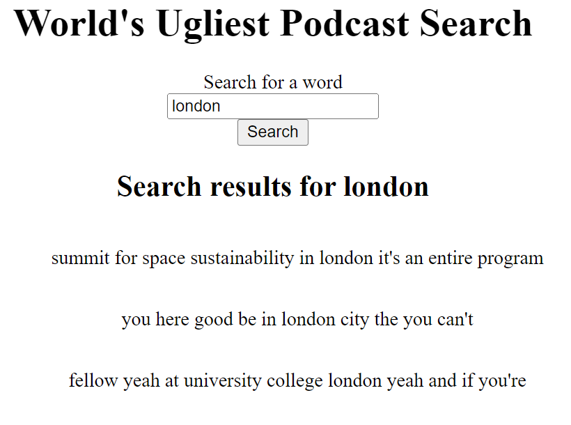 Results interface of the podcast search engine