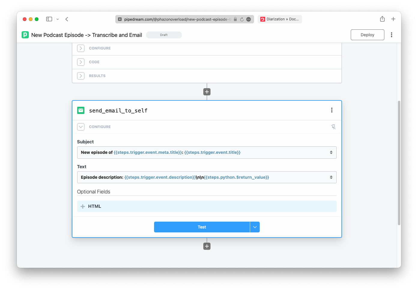 A send email to self step with a subject line and text containing variables