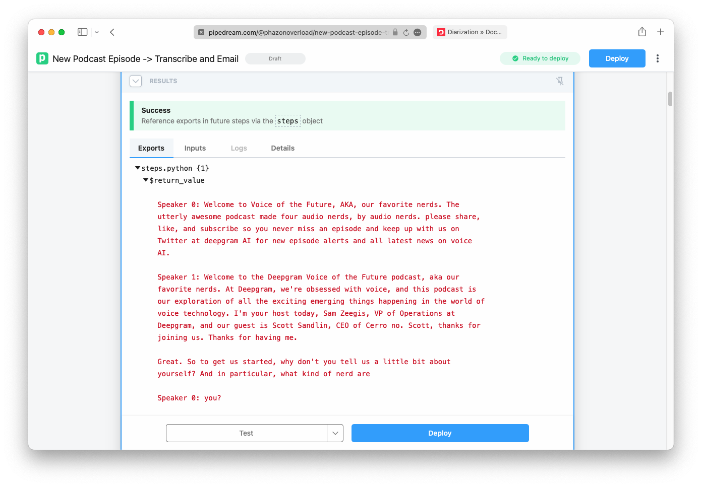 A formatted transcript is shown in Pipdream's 'Exports' section for the Python step. In it is a set of paragraphs each starting with ''
