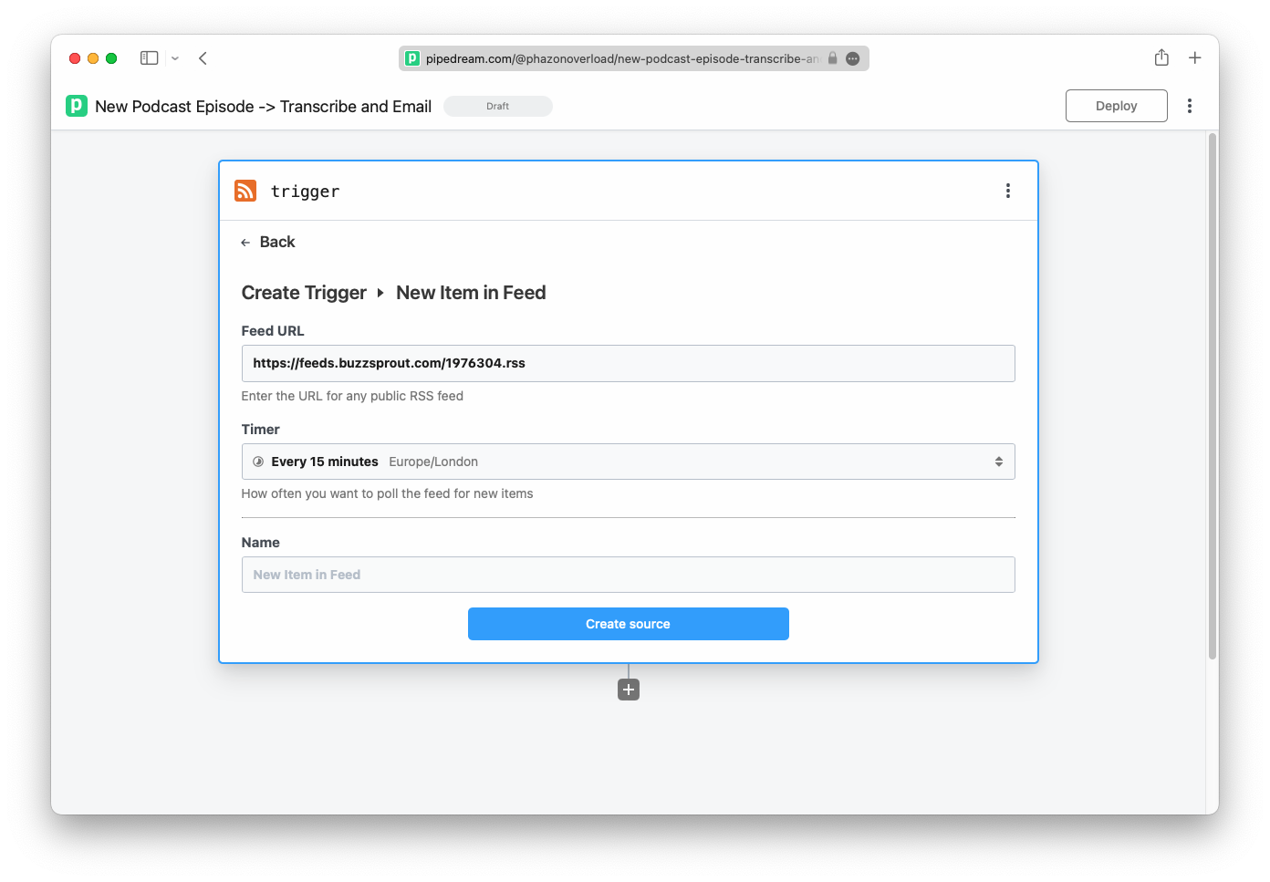 Trigger configuration showing a feed URL, timer, and an empty 'name' textbox