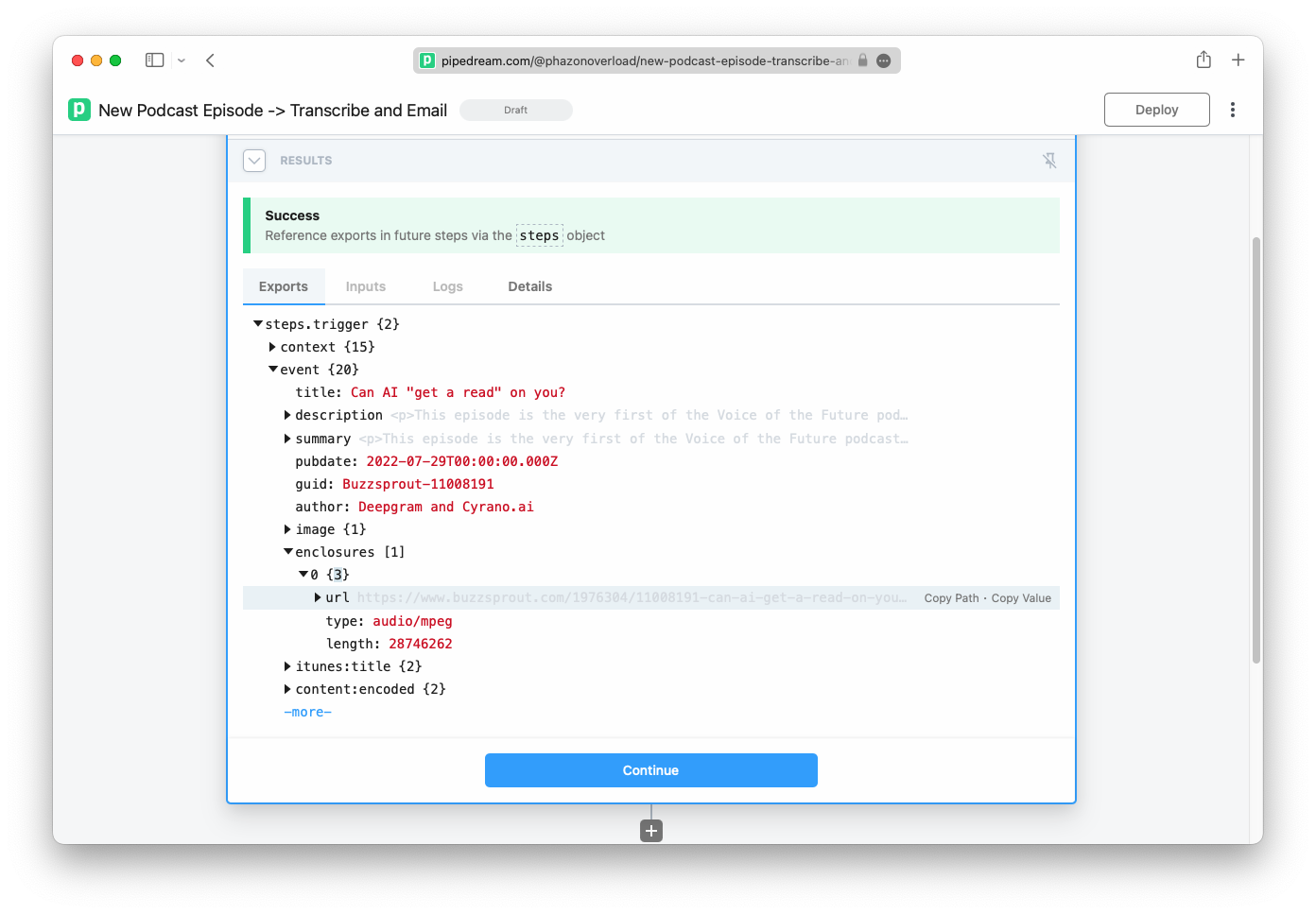 A large amount of JSON-formatted data abotu the episode. Lightly-highlighted is the direct media URL.