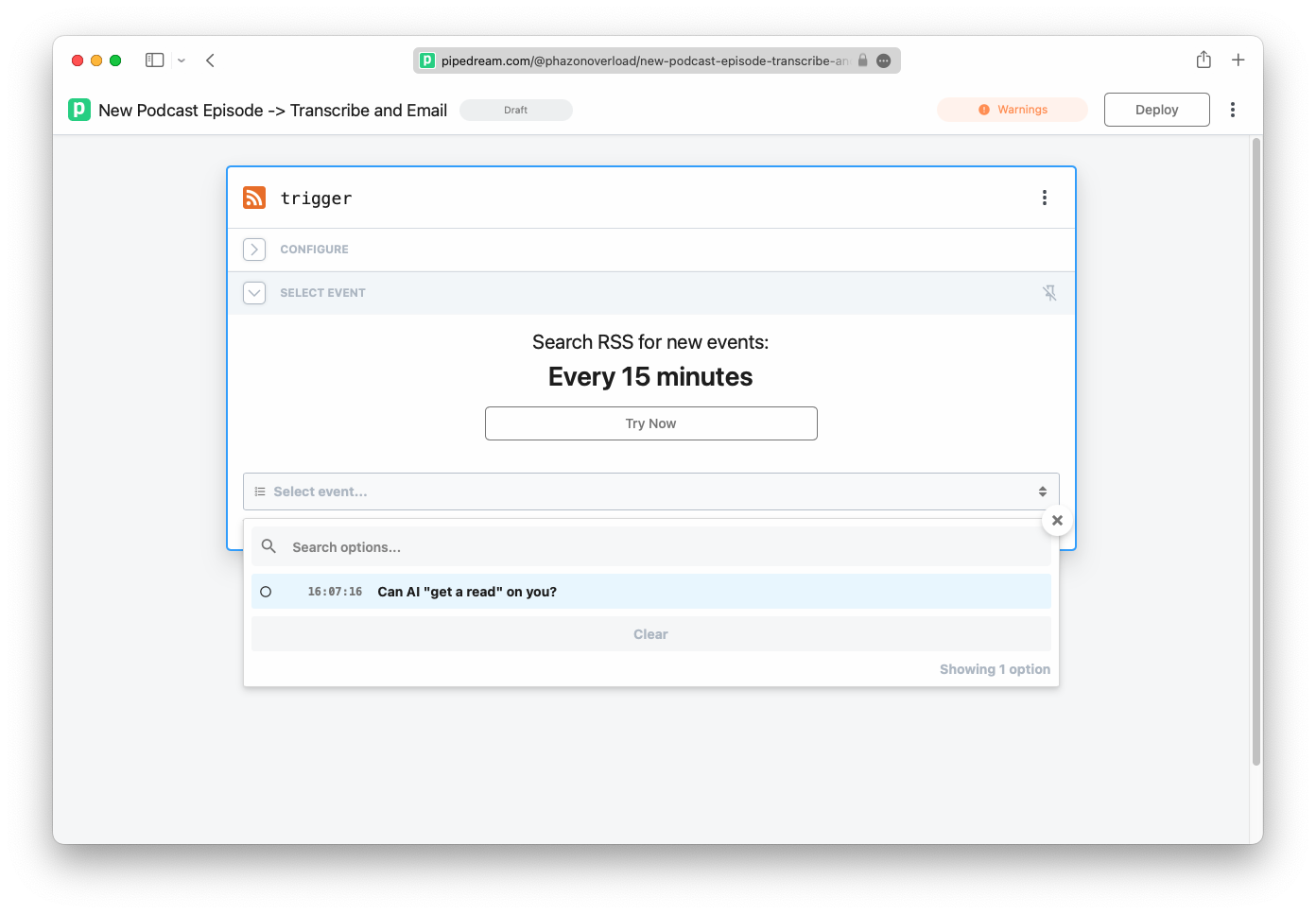 Select event shows a dropdown of items. The first reads 