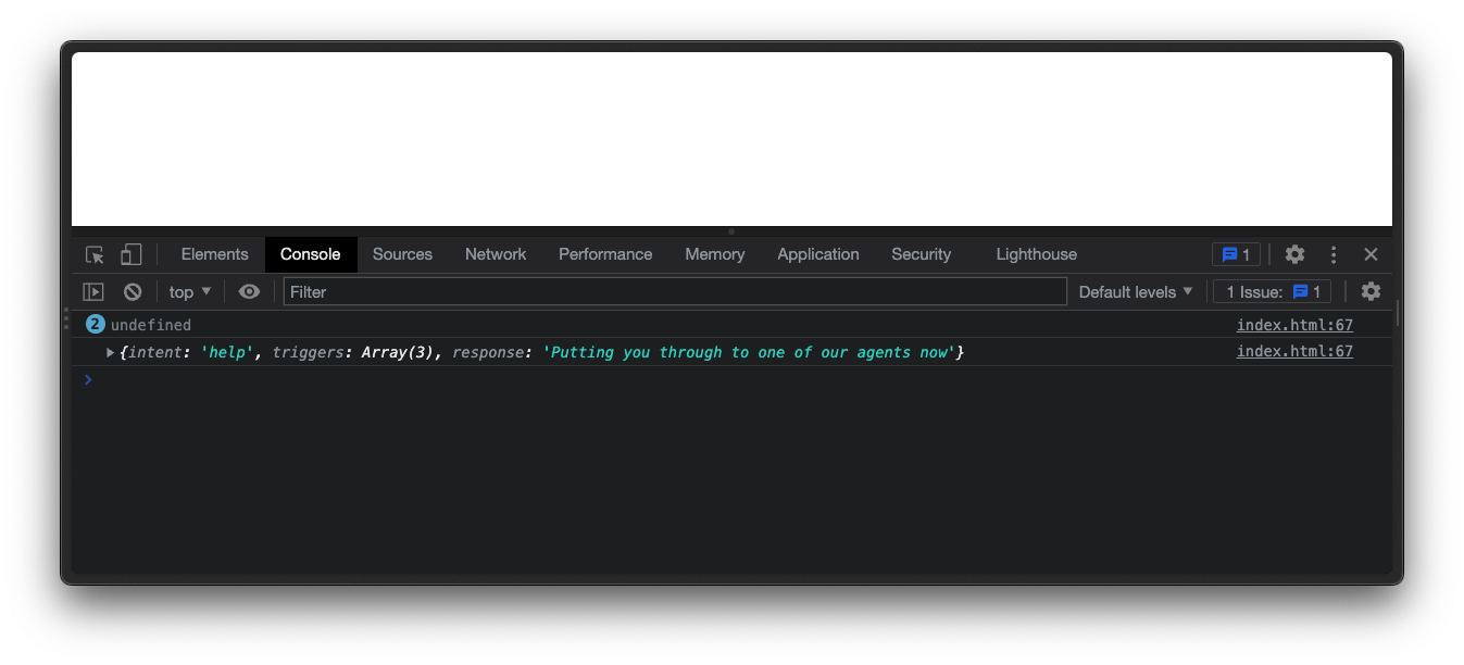 Browser console showing two undefined logs, and an object with one intent.