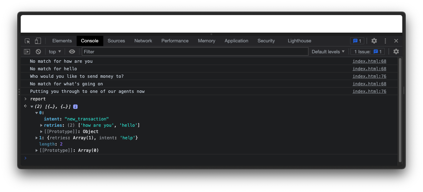 Logging report after several interactions. Each object has an array of retry strings, and the correct intent.