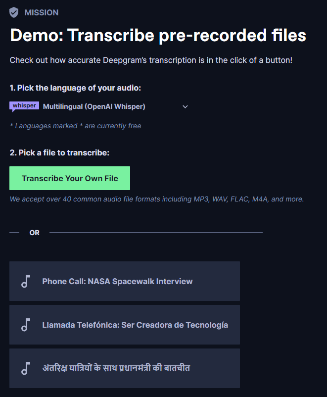 Transcribe pre-recorded files mission in Deepgram console