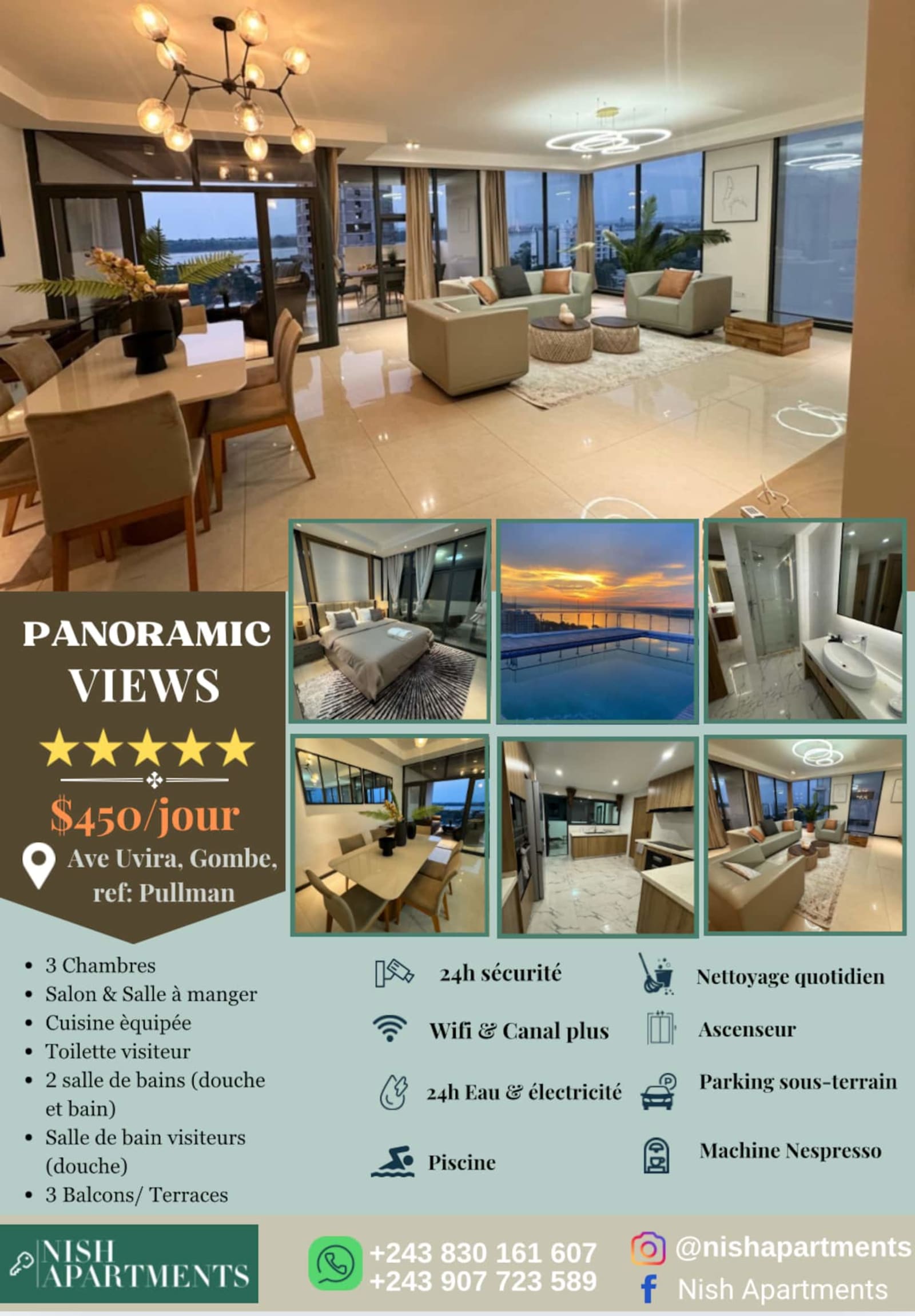 Gombe - Grand 3 chambres avec piscine sur le toit et vue fleuve Congo — photo 73