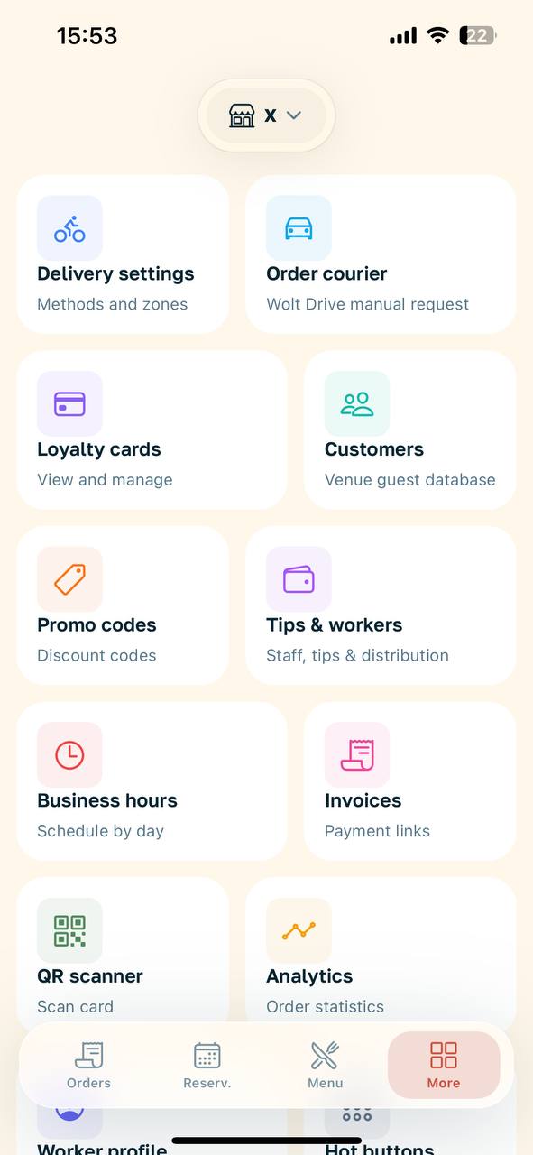 Section menu of the RESTOBOT Manager app