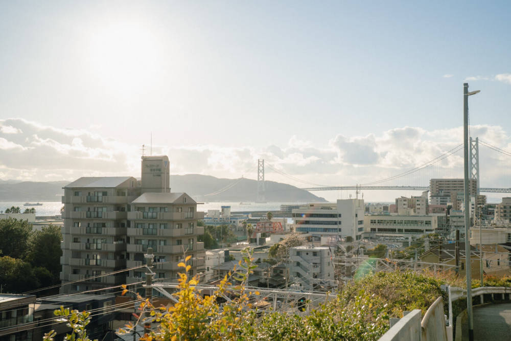 Distant view of Akashi Kaikyo Bridge from a Tarumi slope