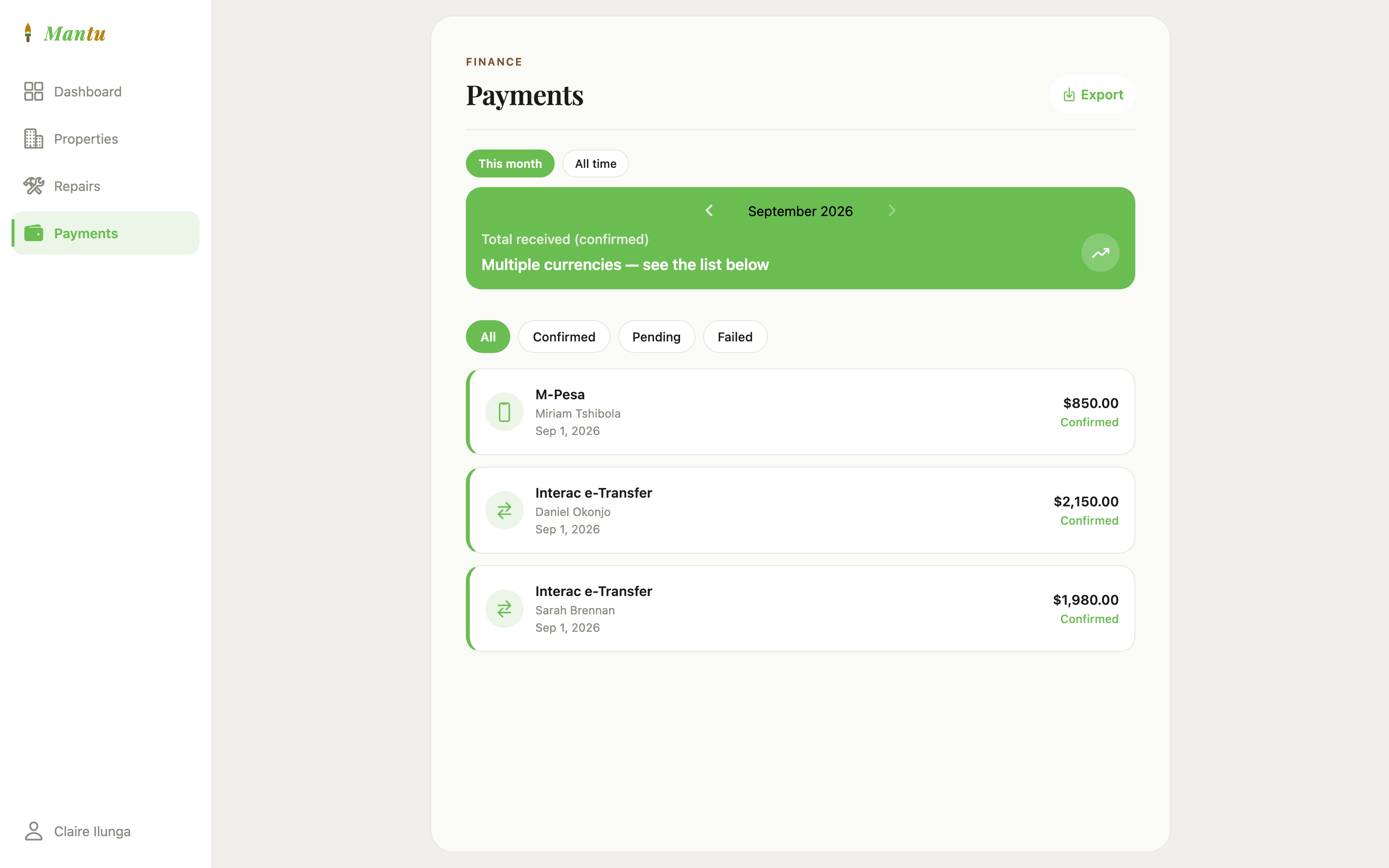 The payments list in Mantu, showing rent recorded against each unit