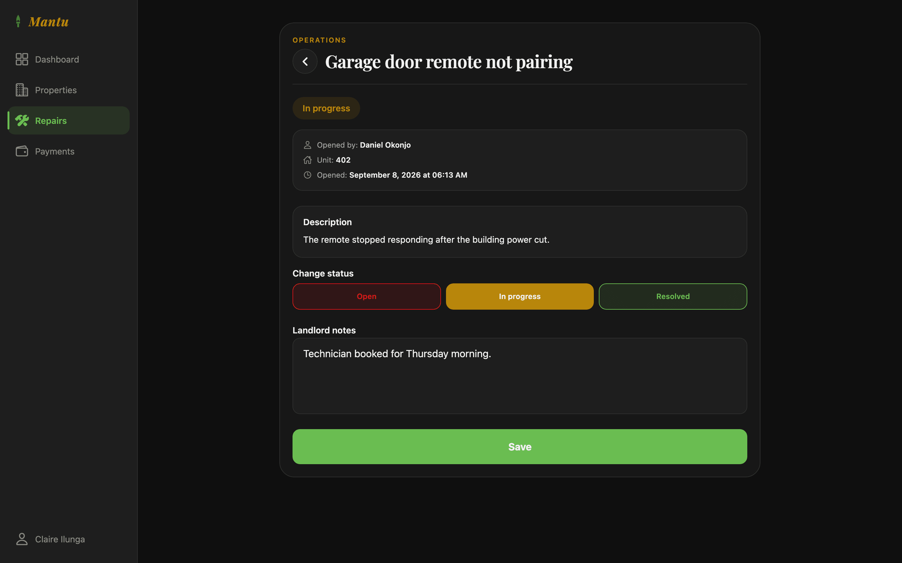 A maintenance request in Mantu, with its description, status and landlord notes