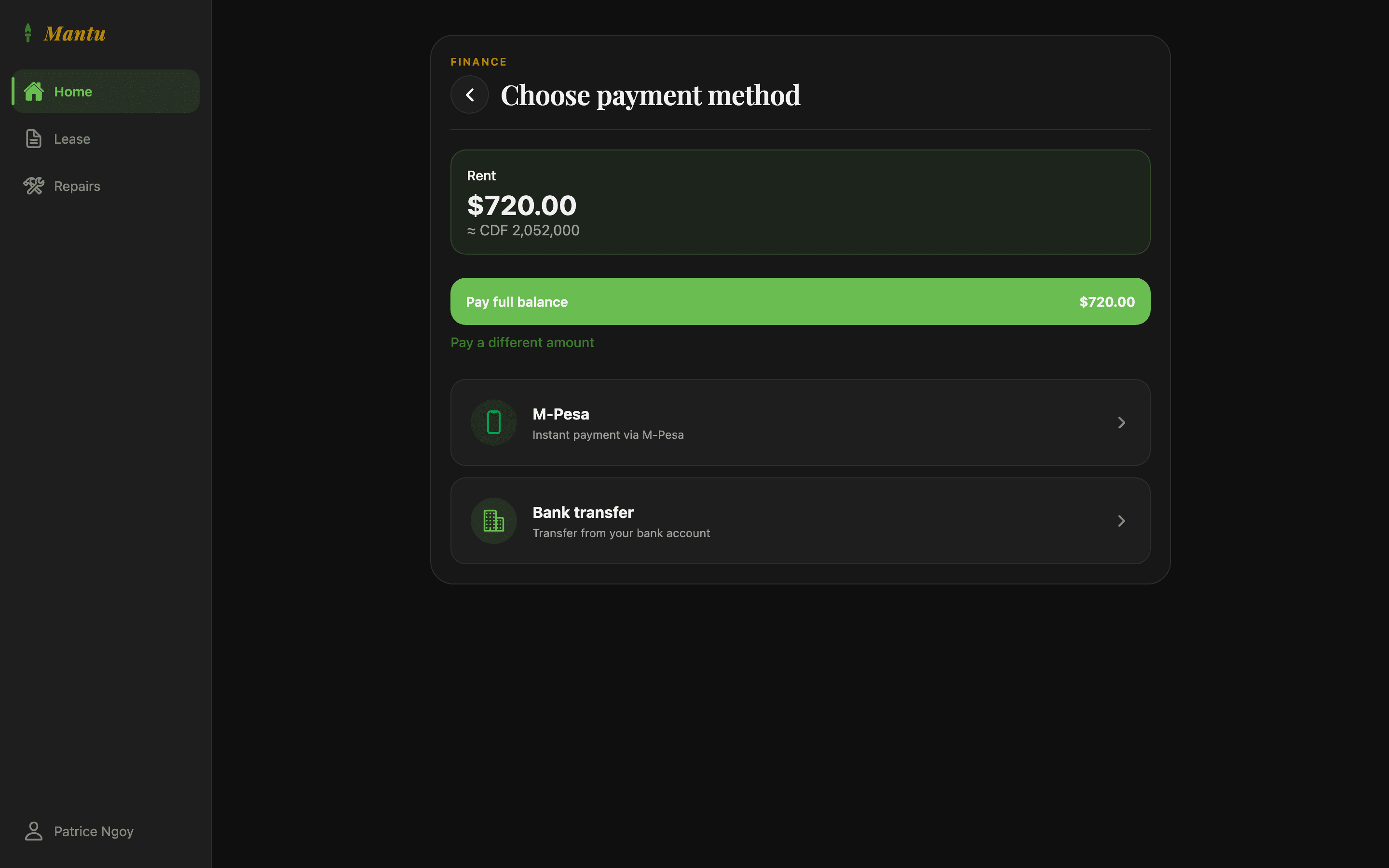 Choosing a payment method in Mantu, showing M-Pesa and bank transfer