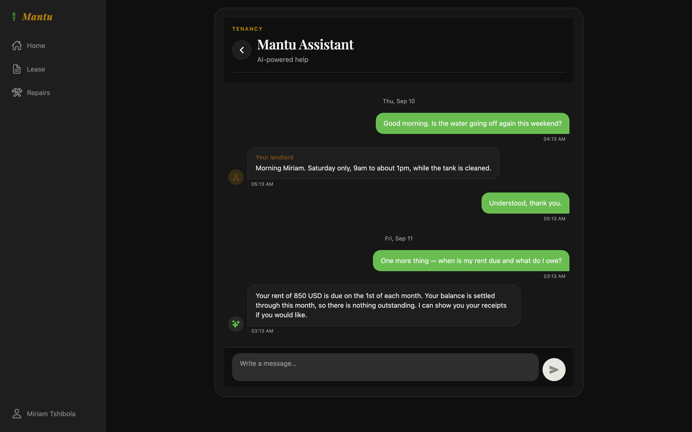 The Mantu tenant assistant answering a question in a chat thread