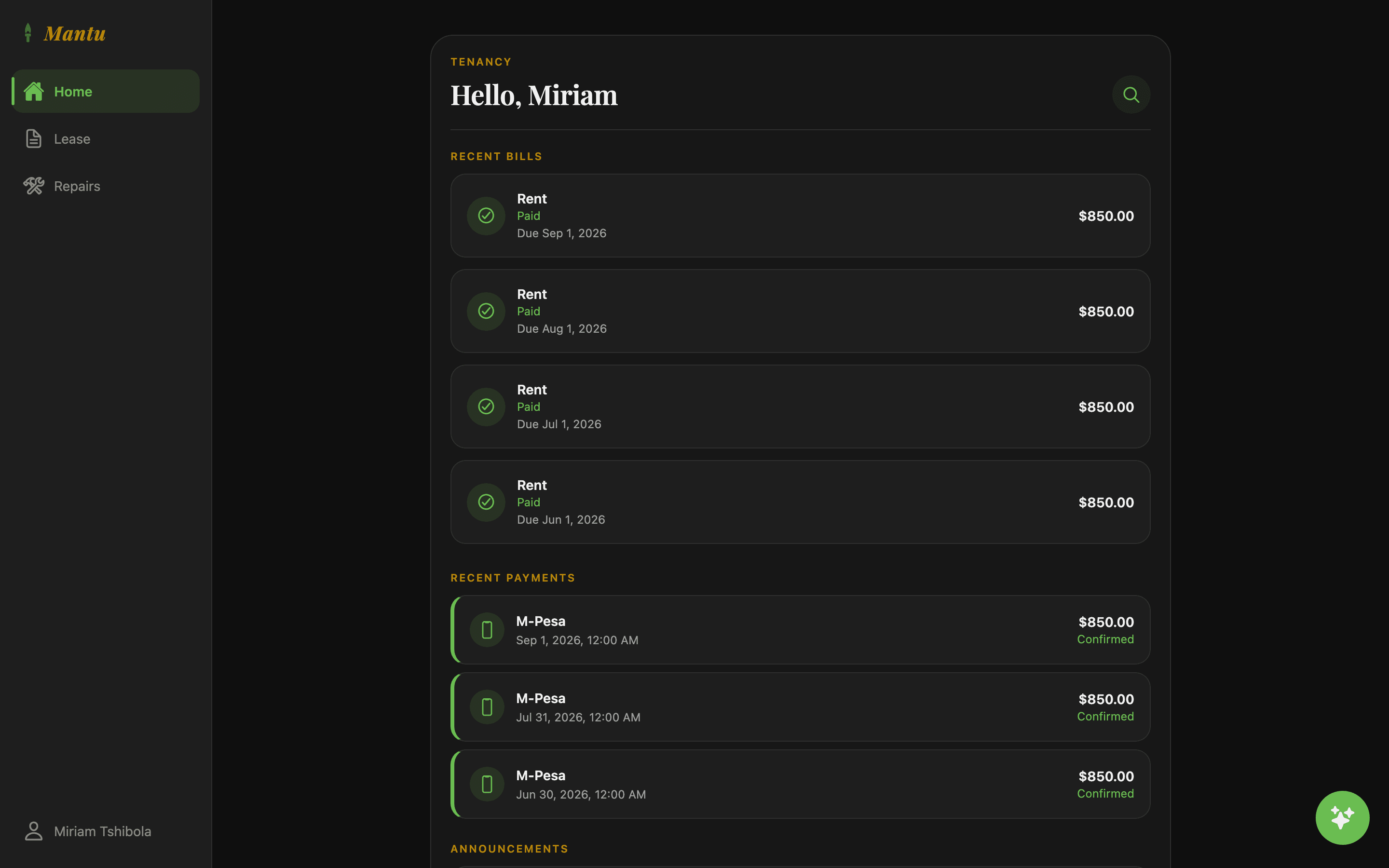 The Mantu tenant home screen, showing the rent due this month and a pay button