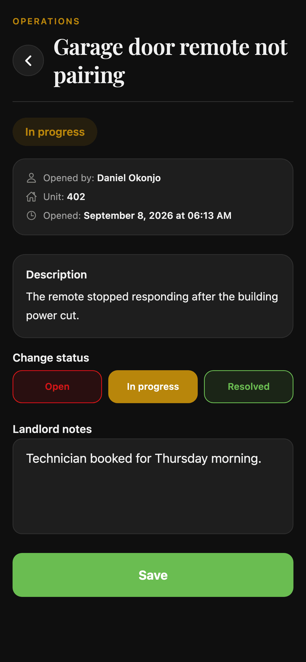 A maintenance request in Mantu, with its description, status and landlord notes