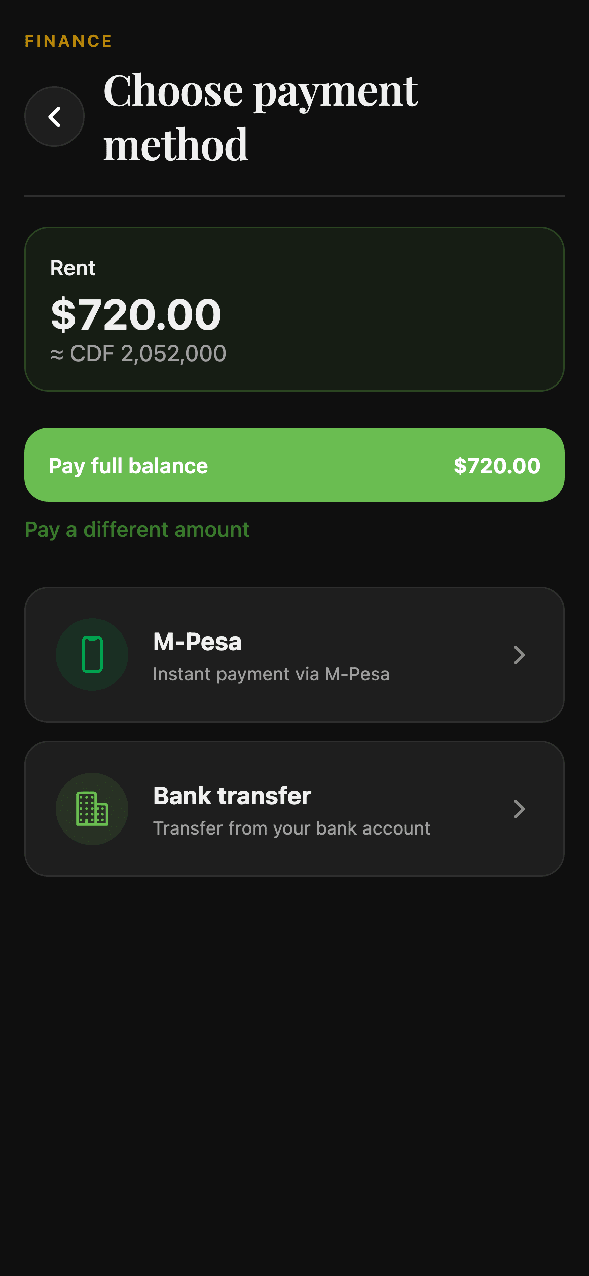 Choosing a payment method in Mantu, showing M-Pesa and bank transfer