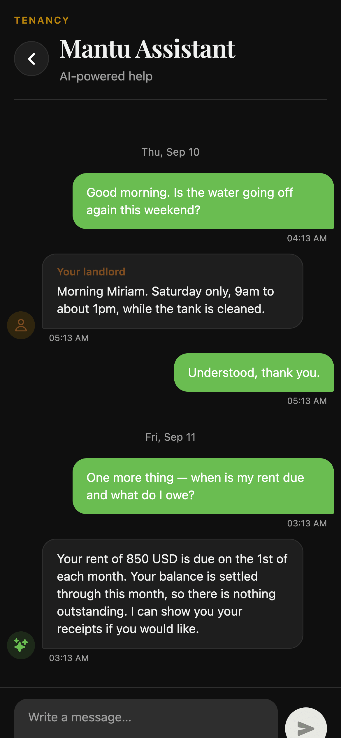 The Mantu tenant assistant answering a question in a chat thread