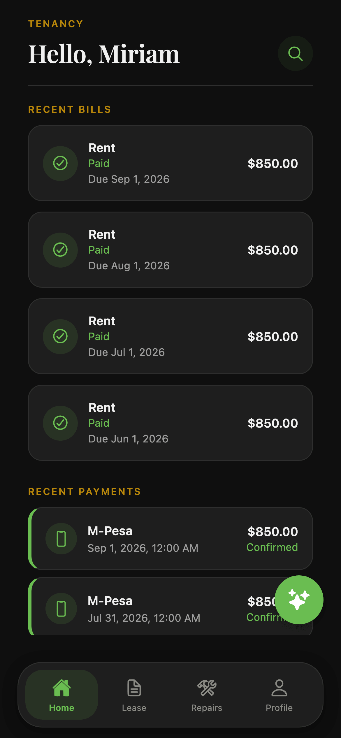 The Mantu tenant home screen, showing the rent due this month and a pay button