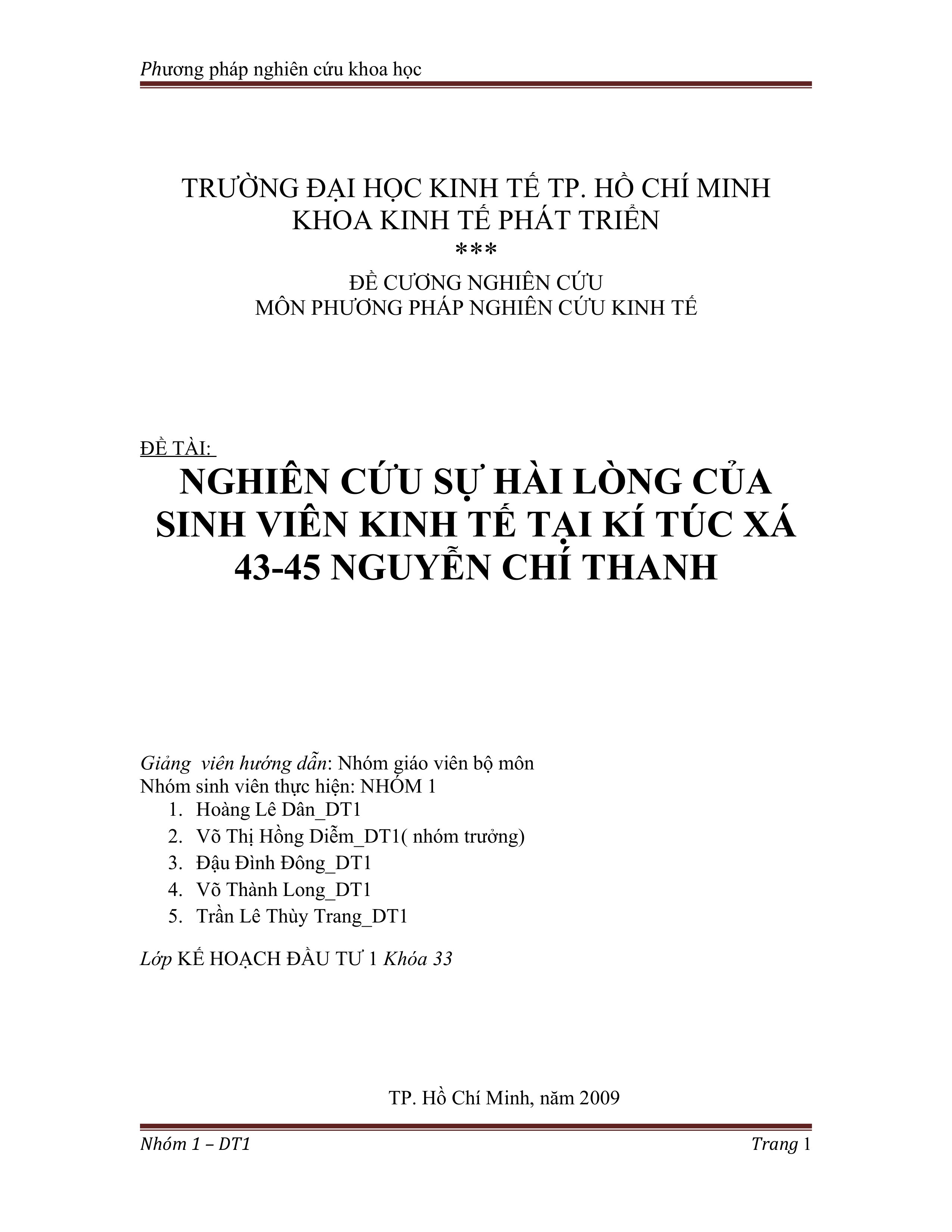 Tiểu luận nghiên cứu sự hài lòng của sinh viên kinh tế tại kí túc xá 43 45 nguyễn chí thanh