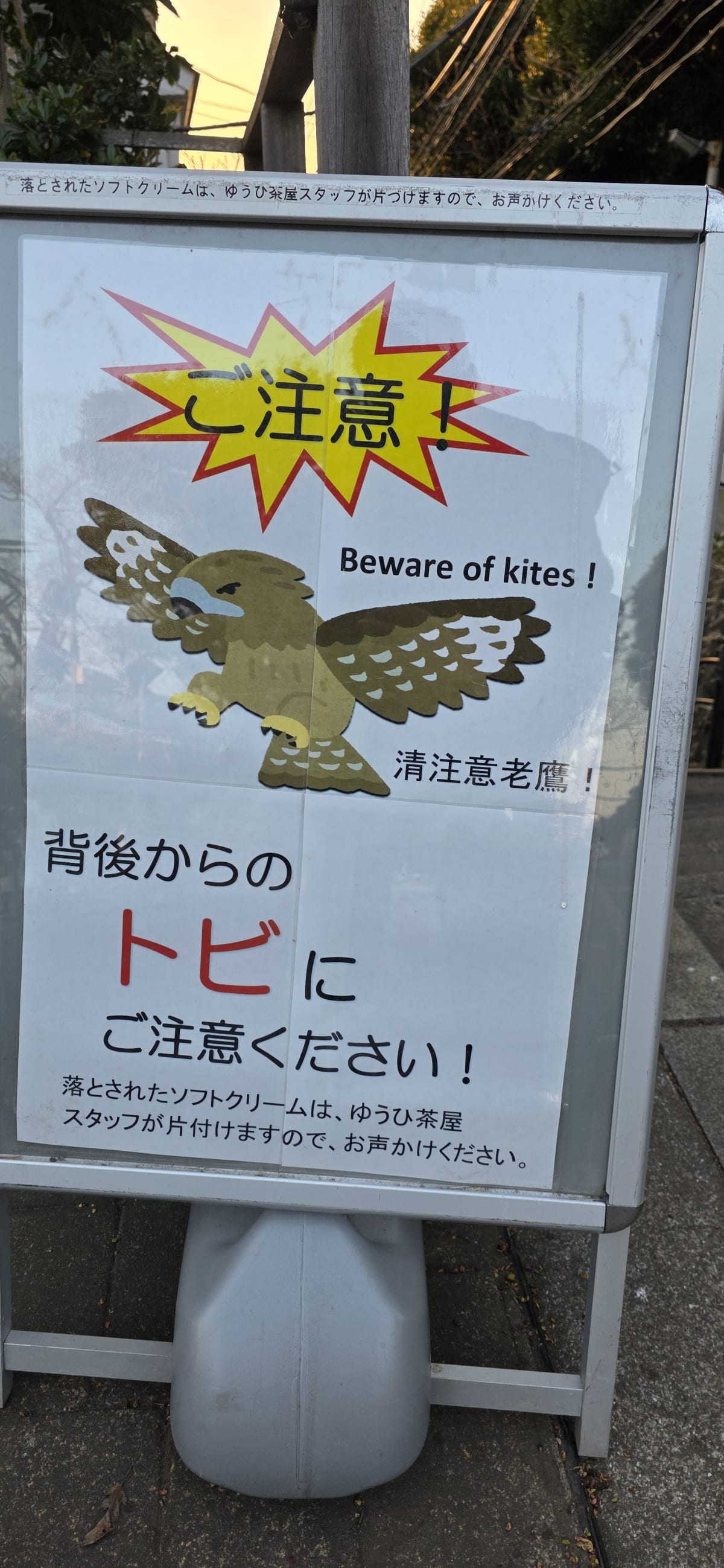 Bilingual warning sign at Enoshima telling visitors to beware of black kites swooping for food
