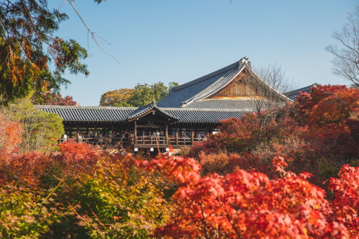 A wooden covered bridge crossing a valley of red maple foliage at Tofuku-ji temple in Kyoto