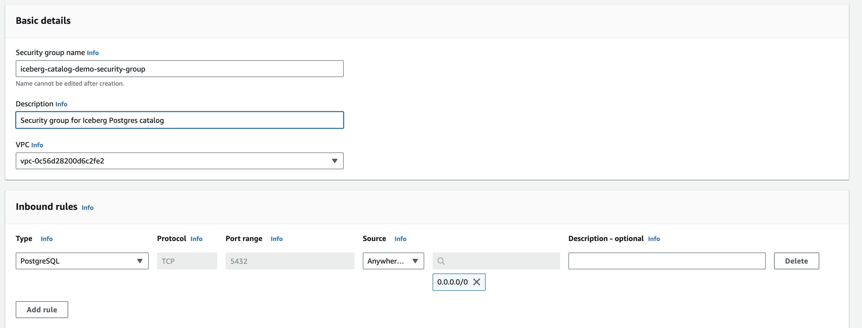 Postgres Iceberg Catalog Security Group