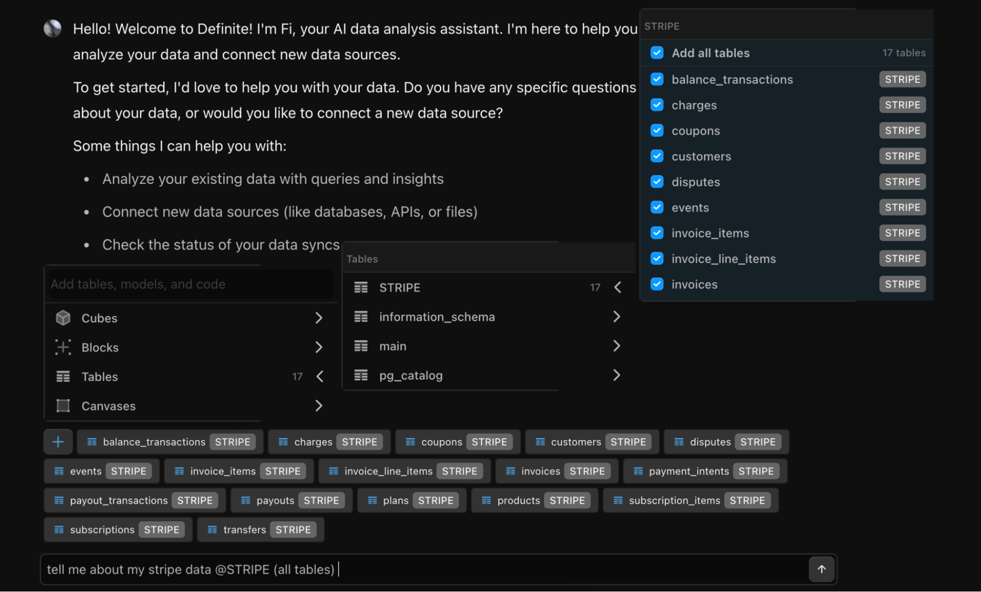 Definite interface where users can ask analytics agents about their data