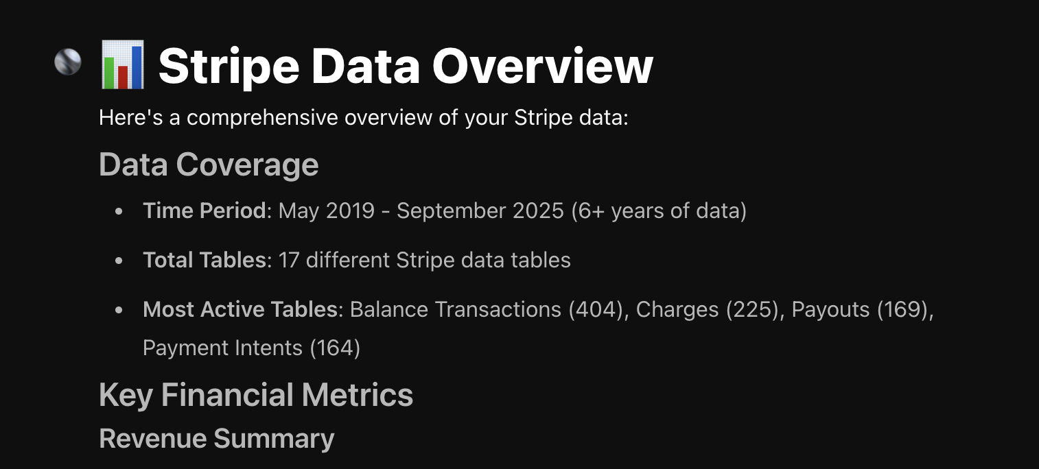 Analytics agent's response showing a comprehensive summary of data including account statistics, financial overview, and detailed table descriptions with column information