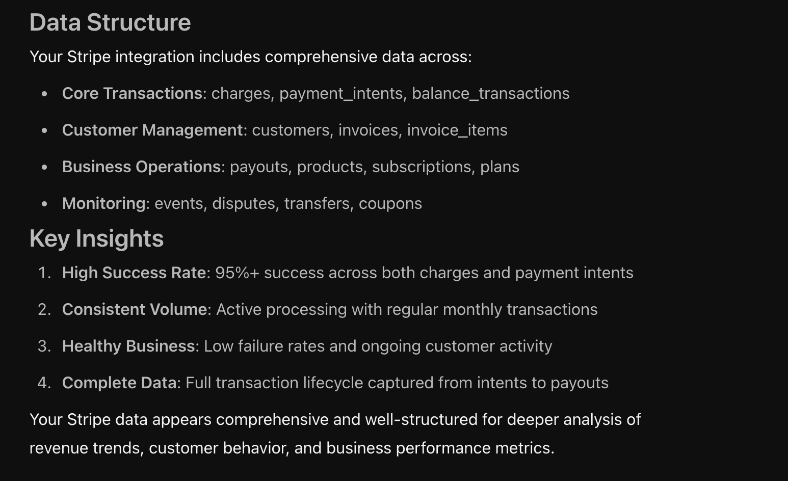 Continuation of agent's data summary showing detailed breakdown of financial tables including charges, customers, payment methods, and other transaction-related data structures