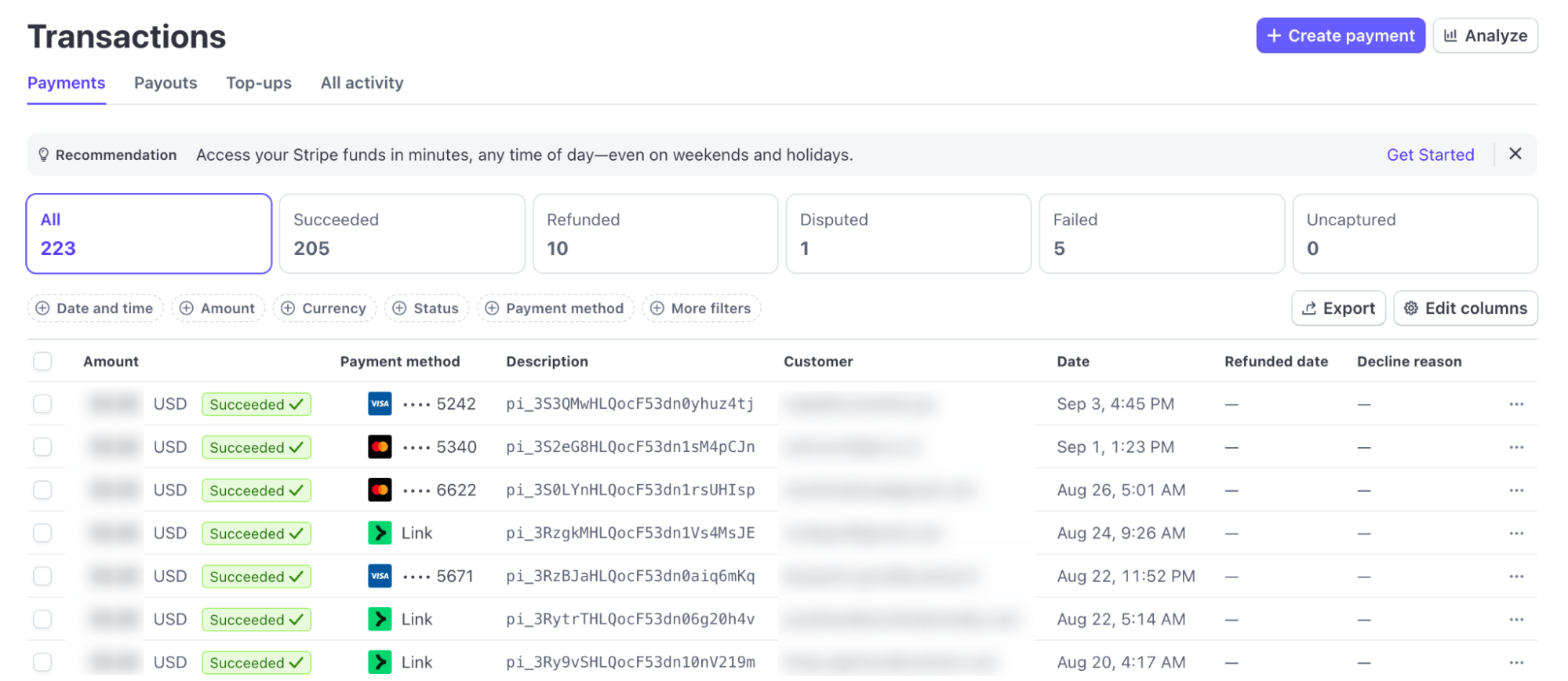 Stripe dashboard interface showing the last 10 transactions