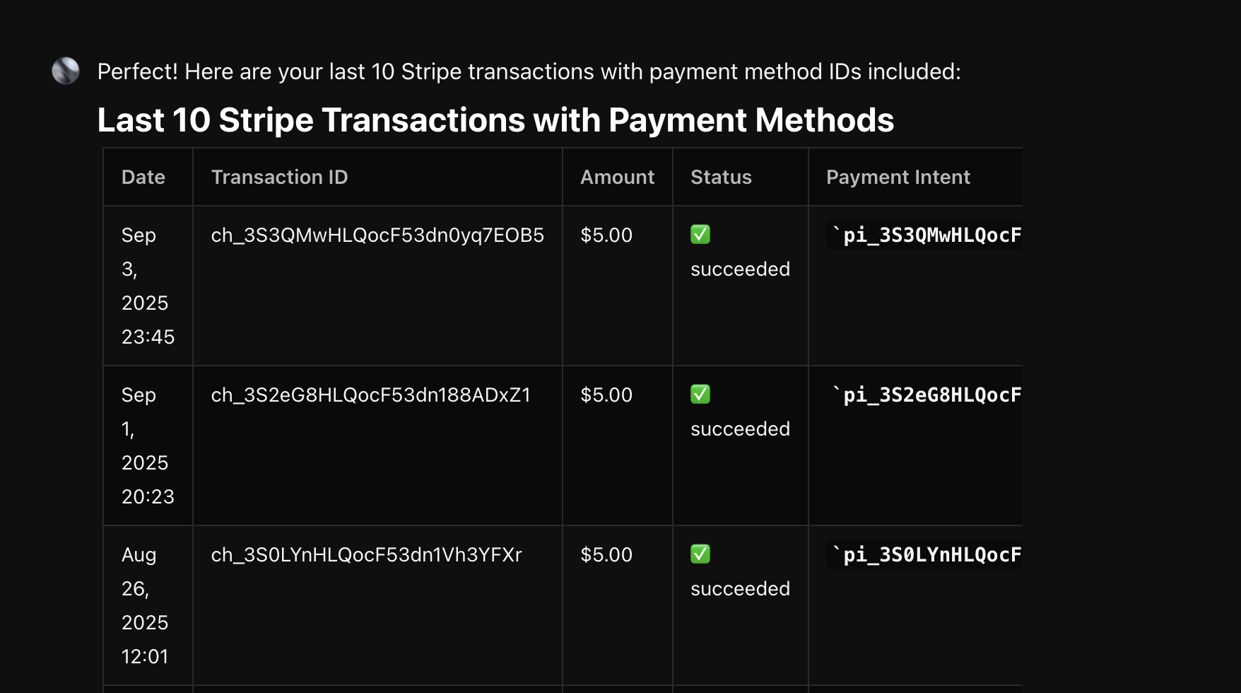 Agent's response showing the last 10 Stripe transactions with charge IDs, amounts, and dates, demonstrating data accuracy when compared to the source Stripe dashboard