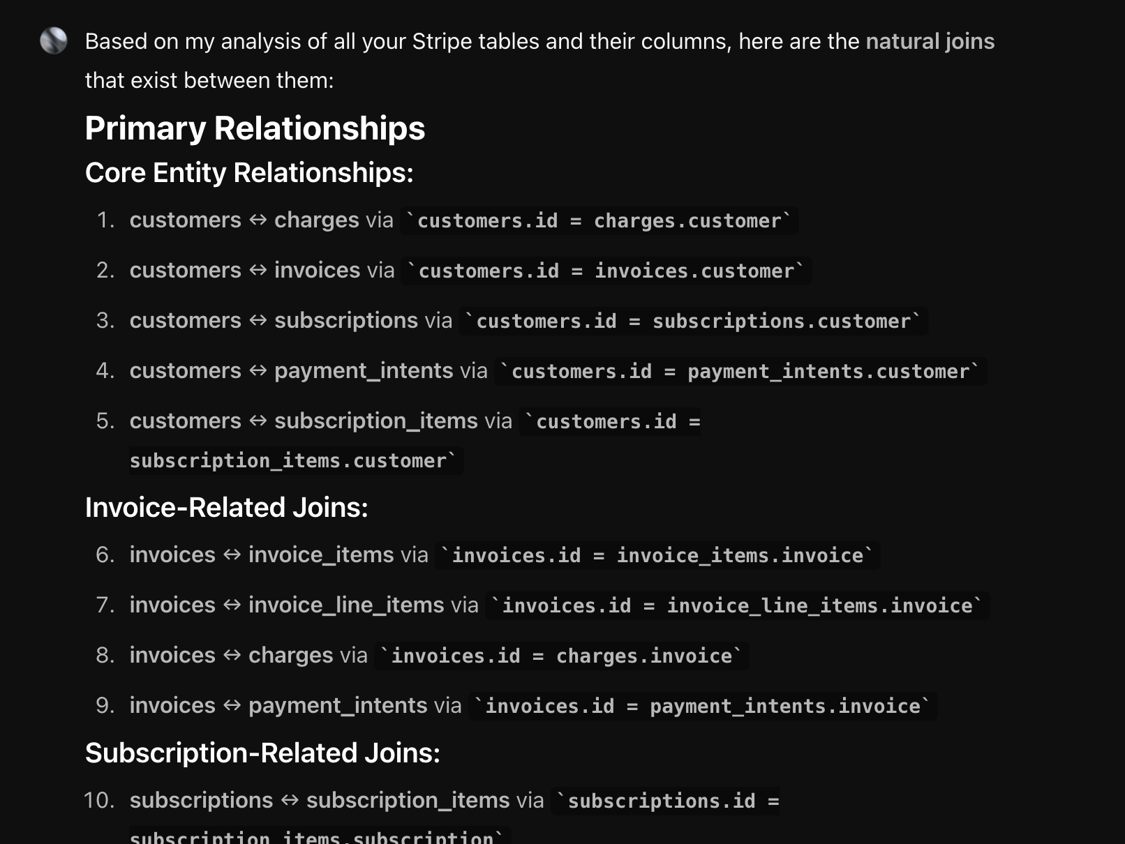 Agent's analysis showing natural join relationships between Stripe tables, highlighting how different tables connect through common fields like customer_id, charge_id, and payment_intent_id for efficient data analysis