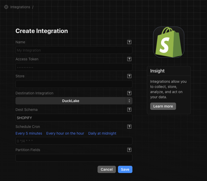 Screenshot: Connecting a Shopify store in Definite's connector UI
