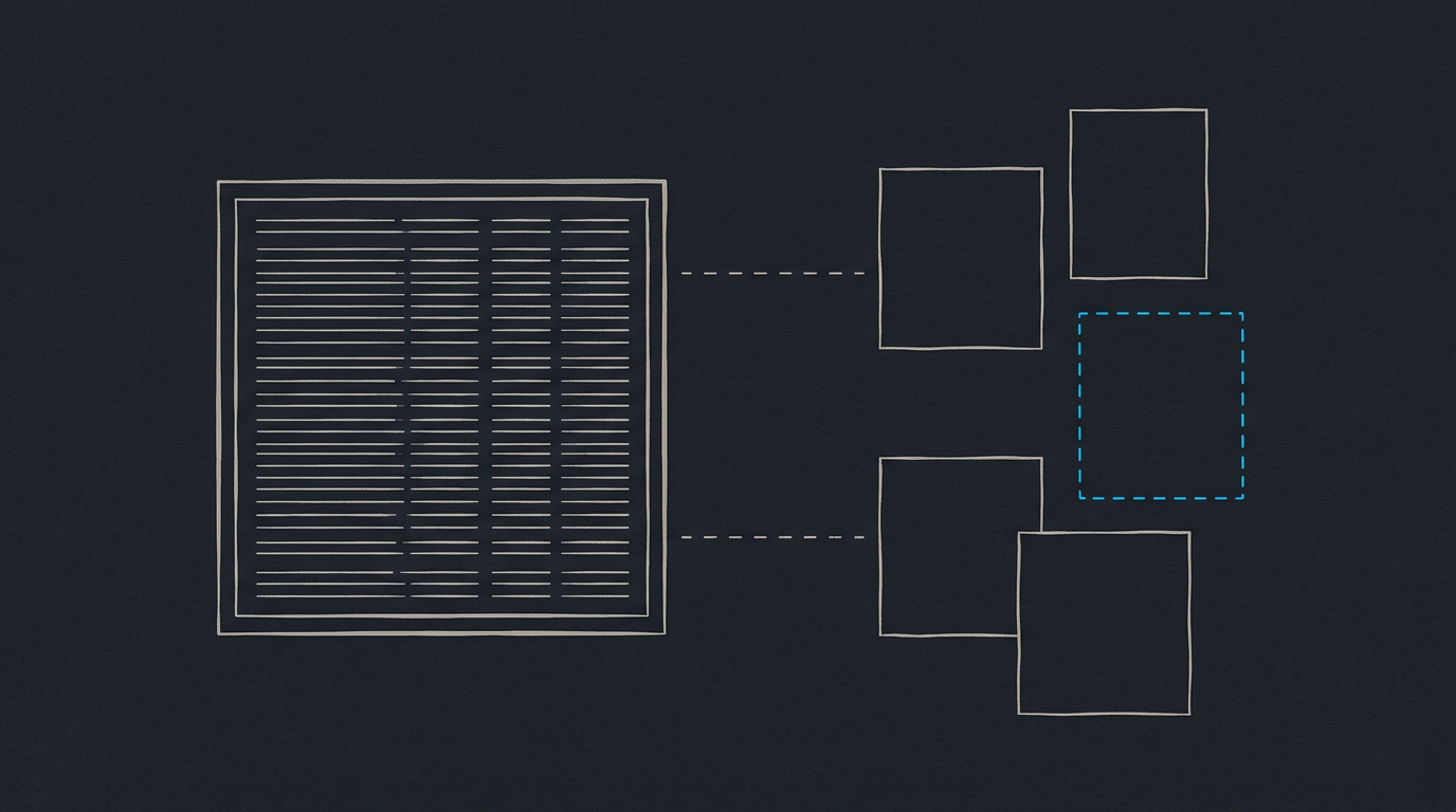 A dense enclosed report with smaller data forms outside it reaching toward the boundary and failing — connection attempted, denied.