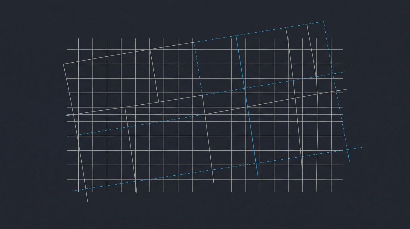 Two grid structures overlaid at different scales and angles — their lines cross without aligning, two frameworks that don't translate.