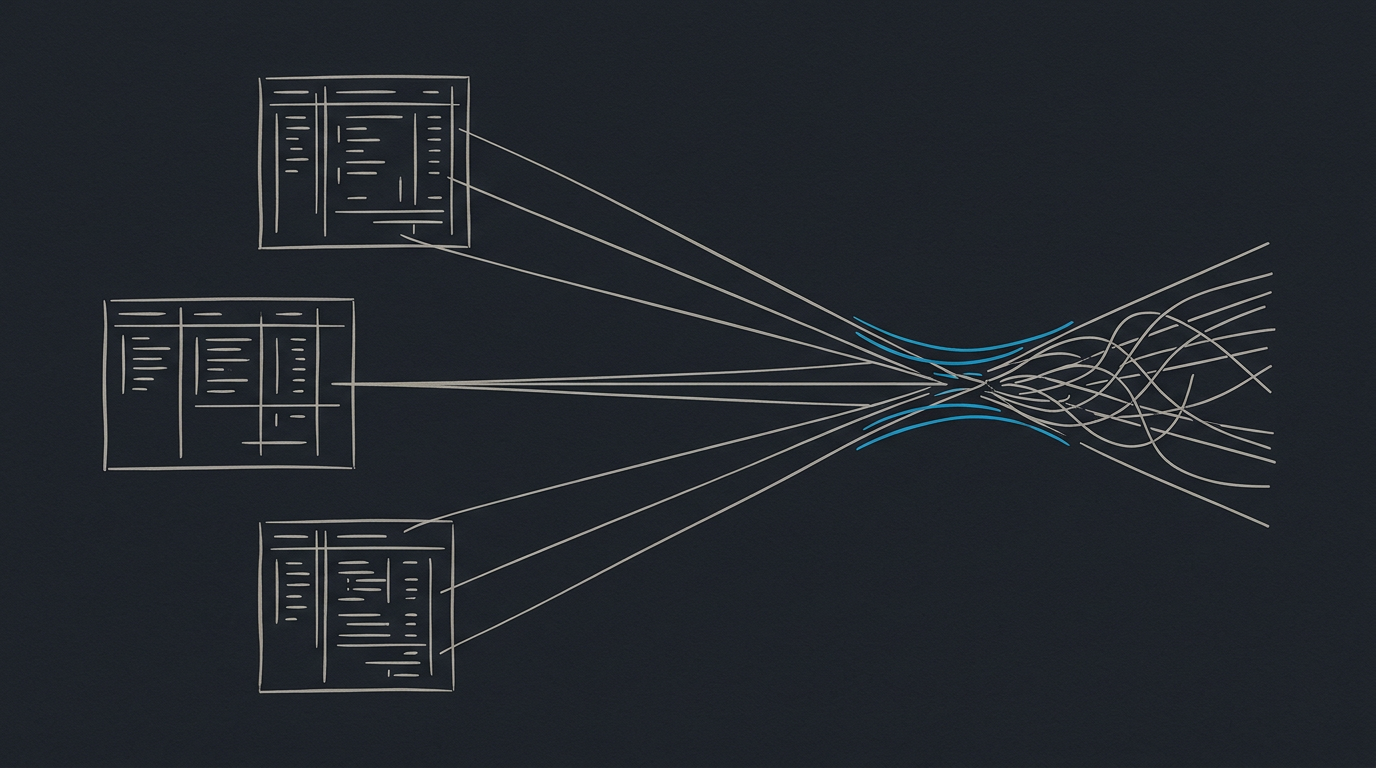 Three separate data structures converging toward a narrow bottleneck where their lines compress and tangle.
