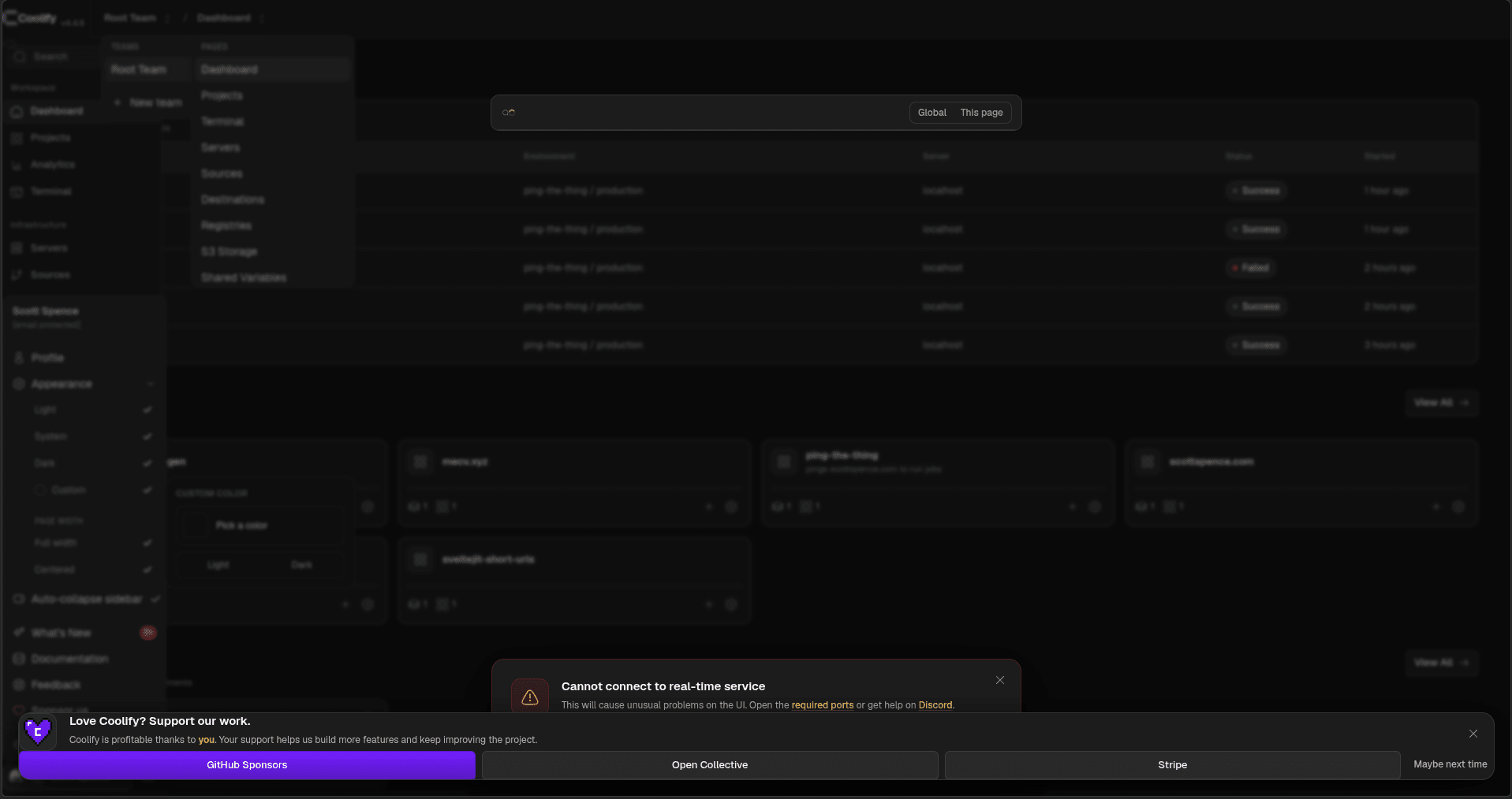 coolify dashboard with cannot connect to real-time service error