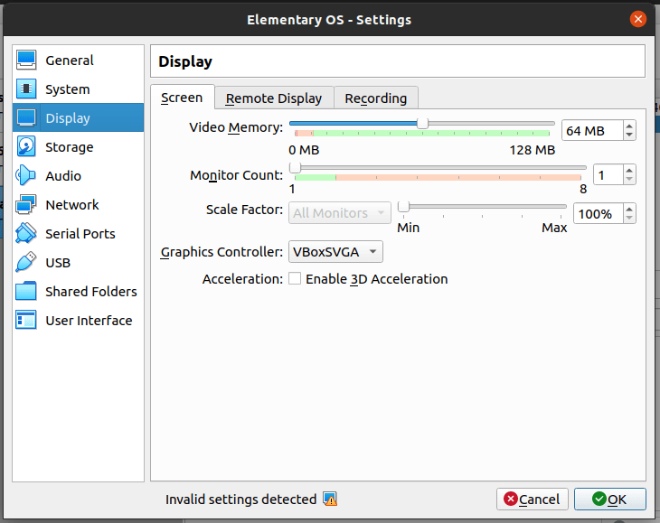 display screen setting