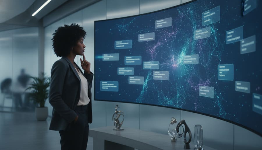 A founder thoughtfully reviewing domain name options on a large digital screen, symbolizing strategic decision-making for a startup's online identity.