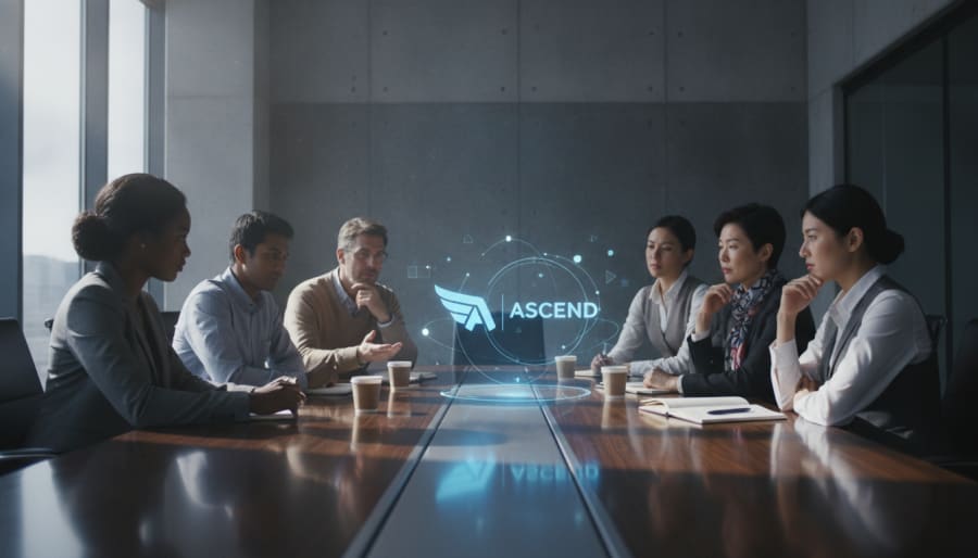 Investors thoughtfully evaluating a startup's brand and name projected holographically in a modern conference room.