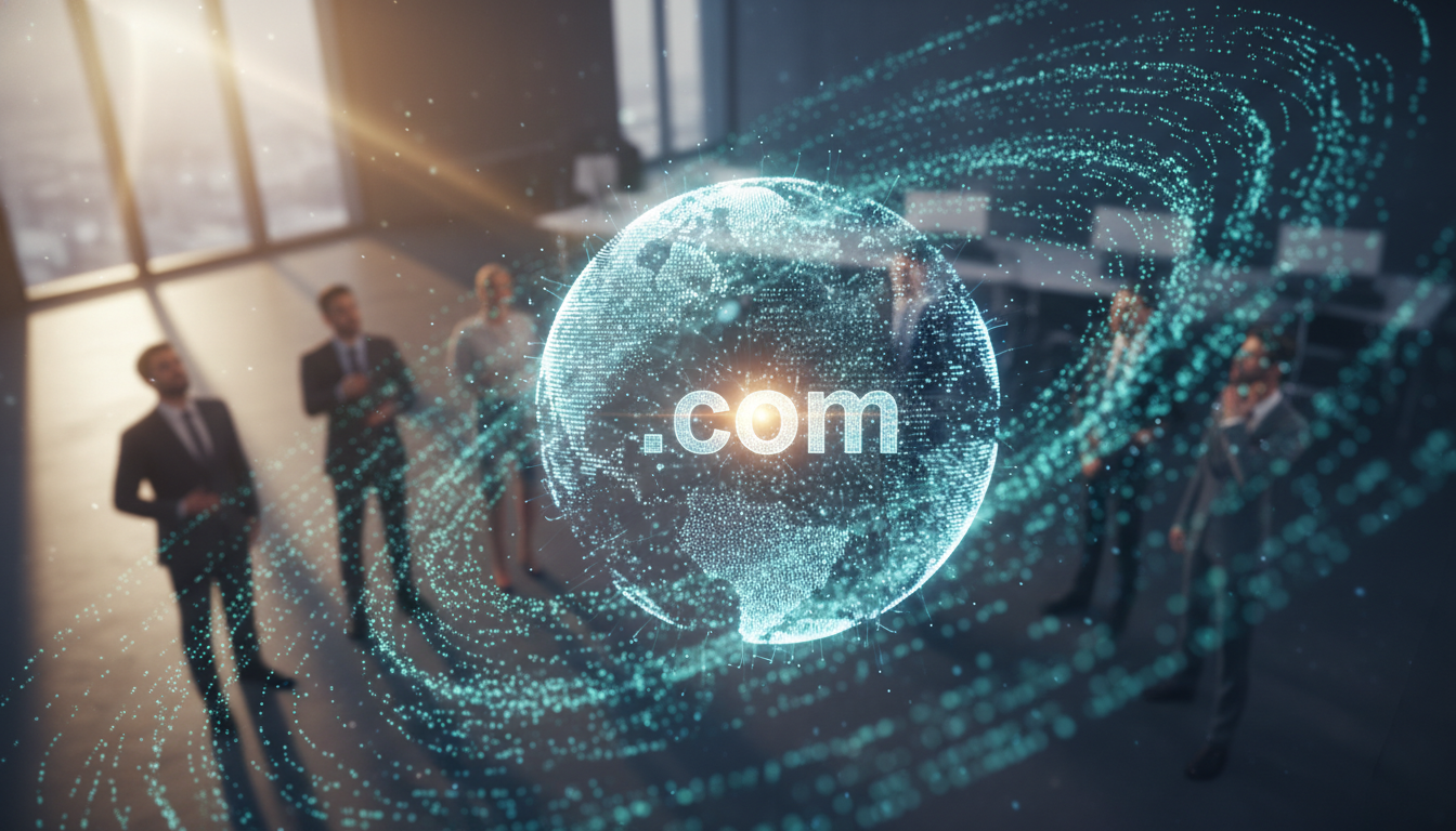 Digital globe with a '.com' symbol at its core, surrounded by data, symbolizing global domain dominance and business insight.