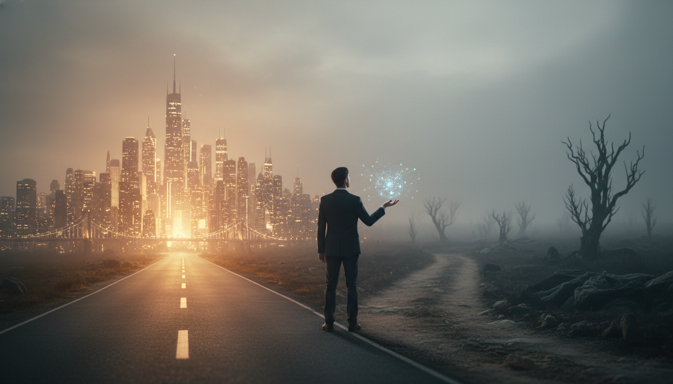 Startup founder contemplating two diverging paths, symbolizing the choice between a premium domain and a cheap domain, with one path leading to success and the other to challenges.