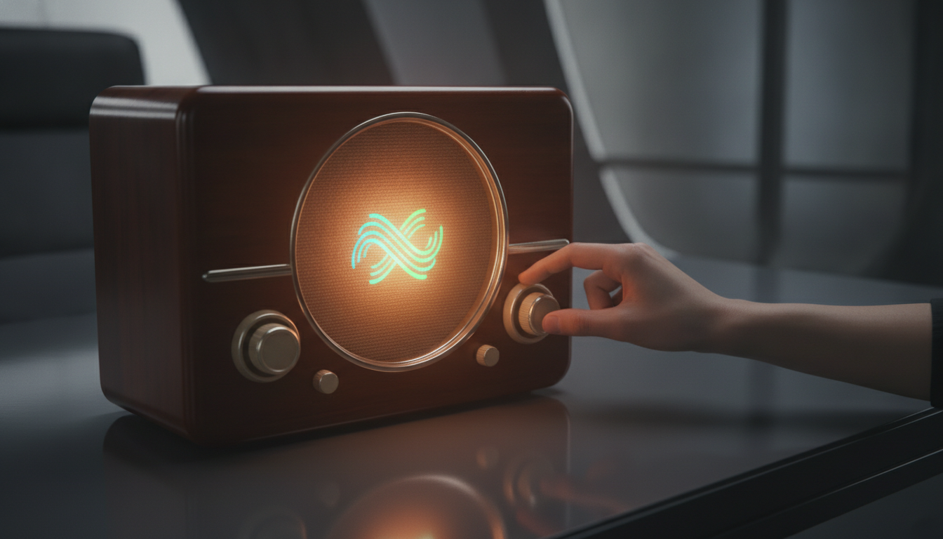 A photorealistic image of a vintage radio with a modern startup logo projected on its speaker, symbolizing the 'Radio Test' for brand names. A hand adjusts a dial, representing the process of choosing a memorable name.