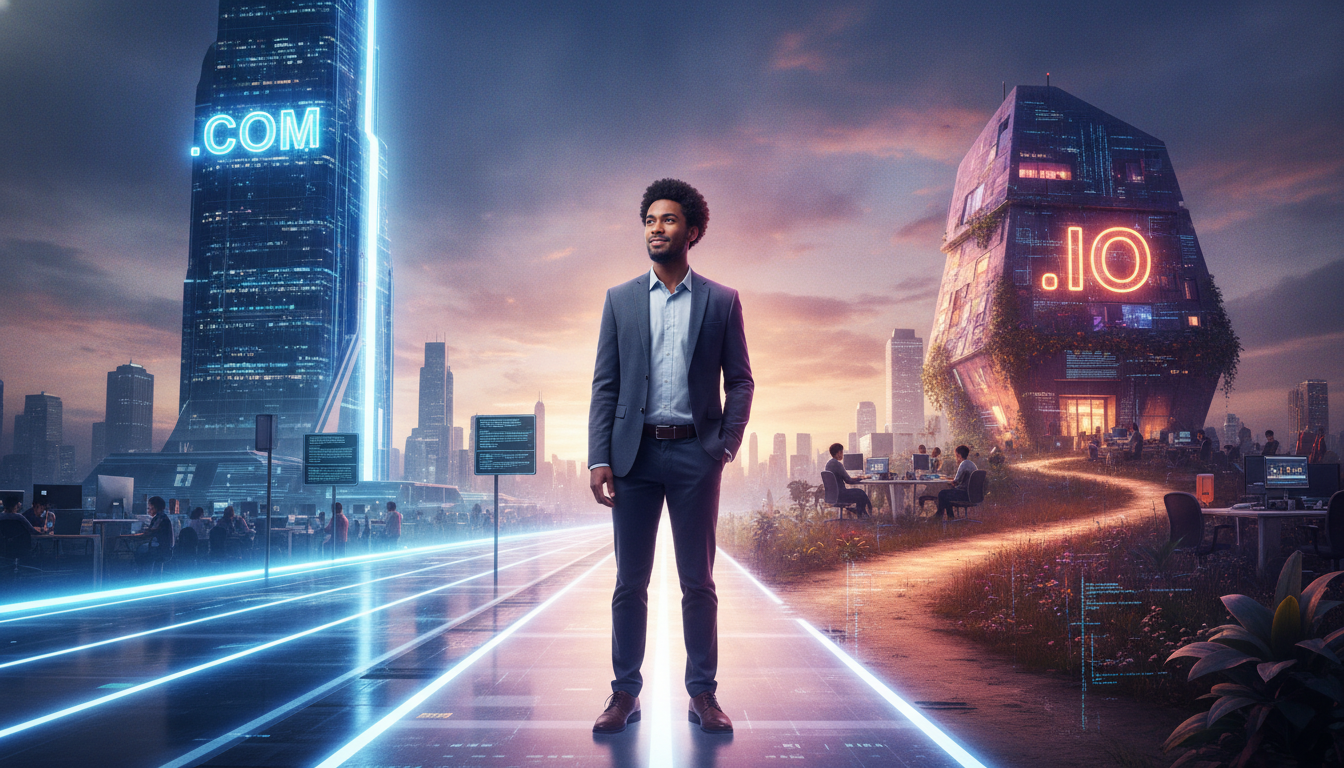 A startup founder stands at a crossroads, choosing between two digital paths: one leading to a skyscraper with a .COM sign (premium domain) and the other to a creative office with a .IO sign (hand-registered domain), symbolizing a strategic decision for t
