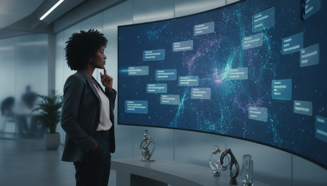 A founder thoughtfully reviewing domain name options on a large digital screen, symbolizing strategic decision-making for a startup's online identity.