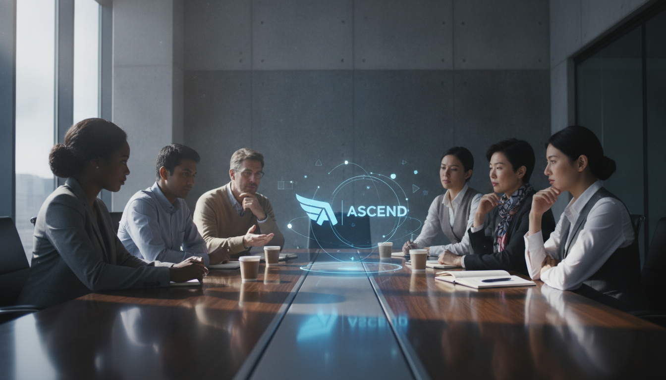 Investors thoughtfully evaluating a startup's brand and name projected holographically in a modern conference room.