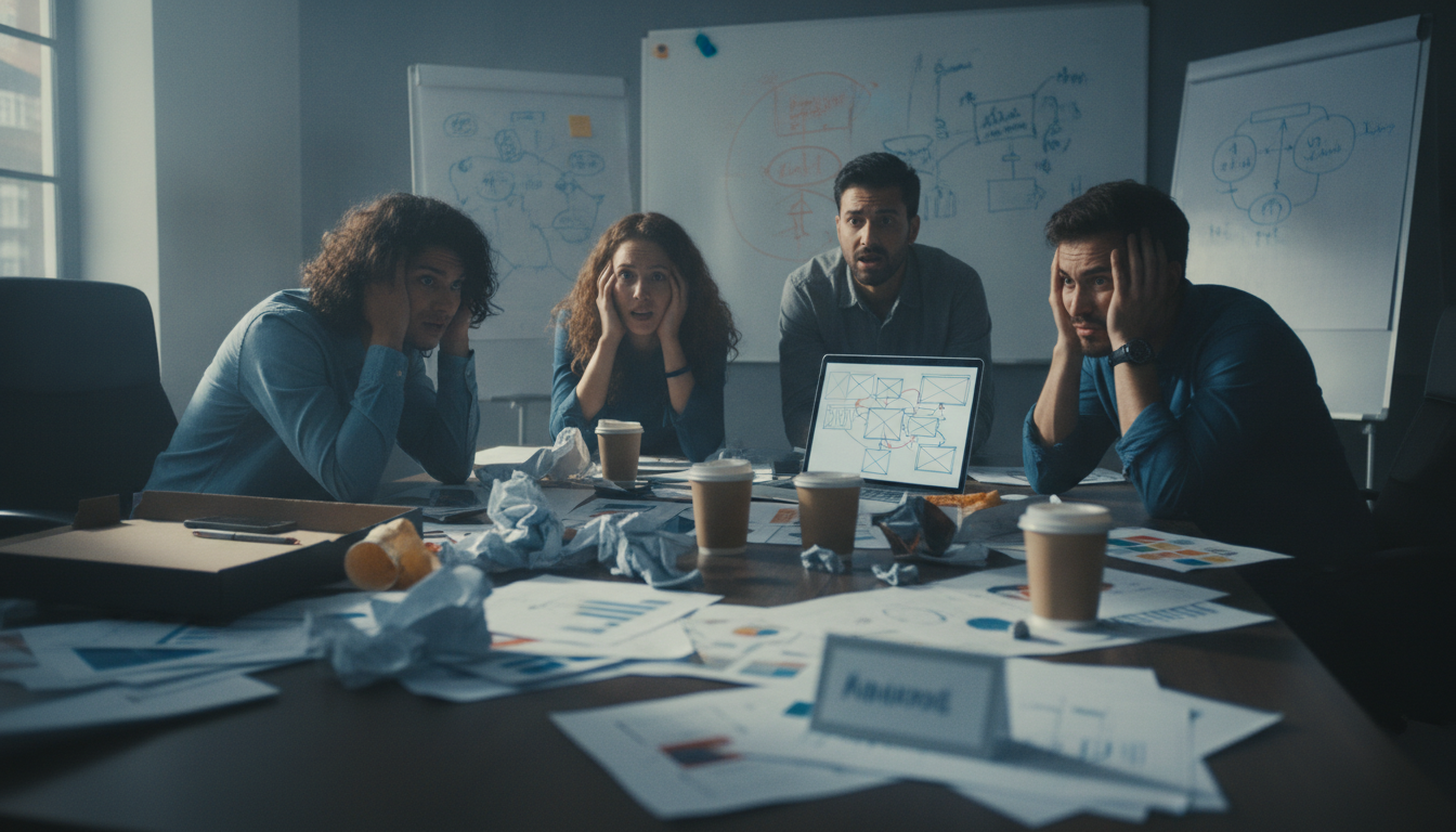 Startup founders looking stressed amidst rebranding chaos, symbolizing hidden costs.