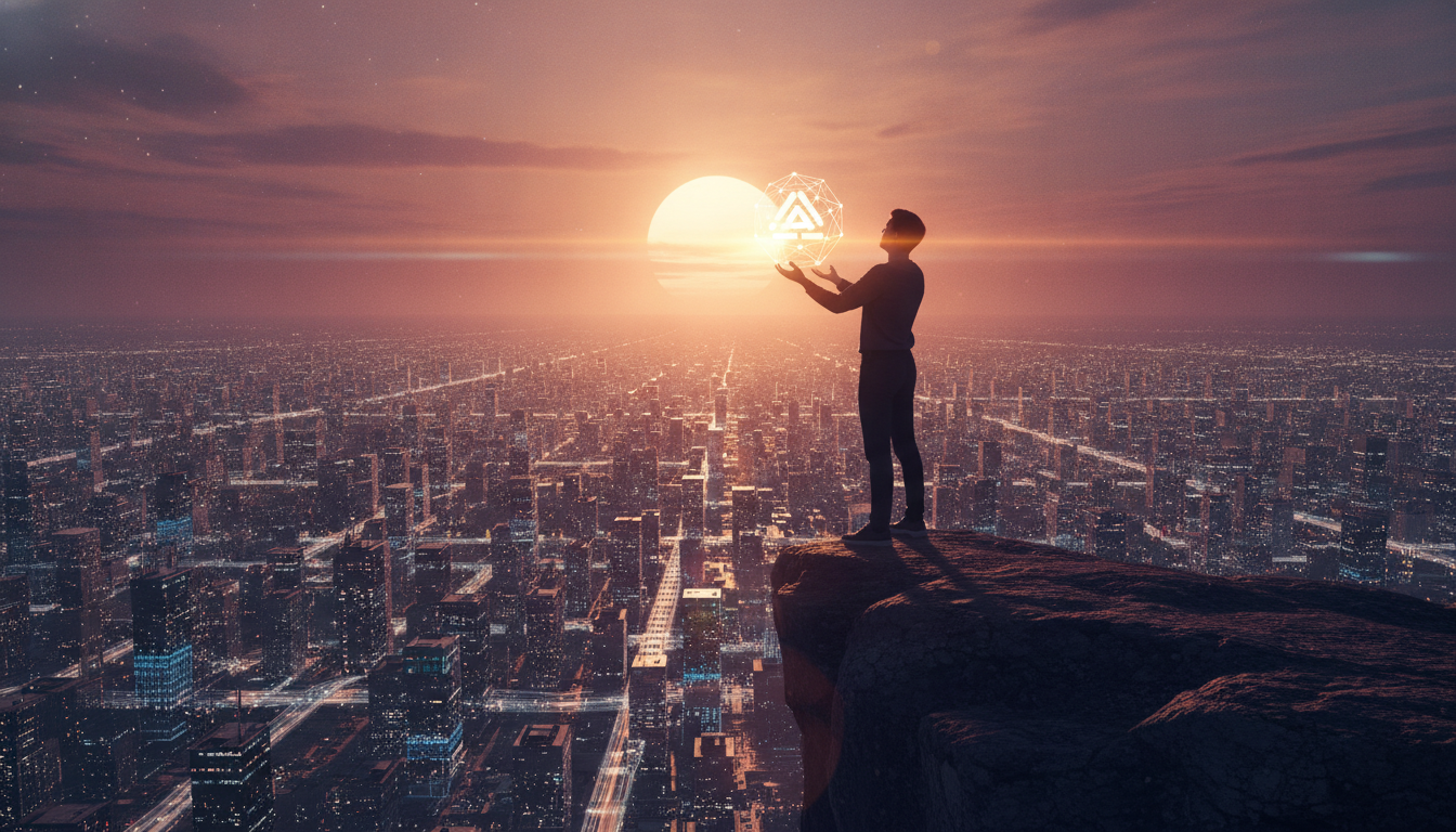 A silhouette of an entrepreneur overlooking a futuristic digital city at sunset, symbolizing strategic domain investment and future vision for a startup.