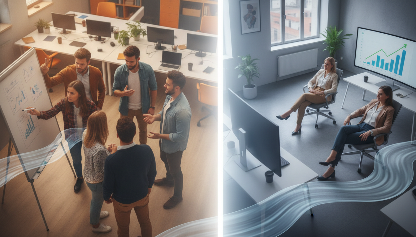 Two contrasting startup offices side-by-side, representing the different paths of a budget domain vs. a premium domain. One office looks more strained and busy, the other calm and successful.